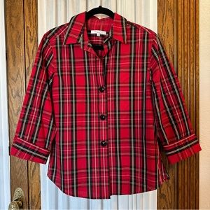 Foxcroft Skylar Stewart Plaid 3/4 Length Sleeve Blouse
